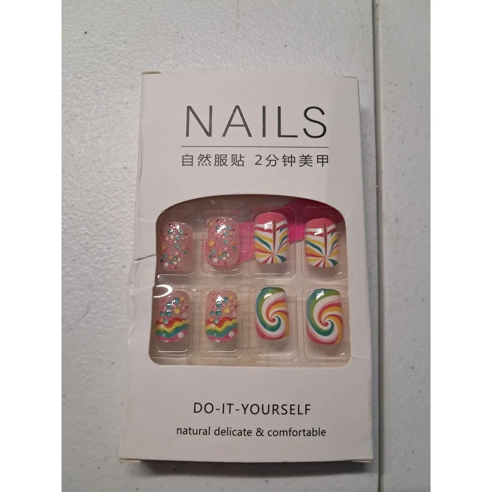 DIY Press On Nails Kit Rainbow Swirl‎ Polka Dot Colorful False Nails Set